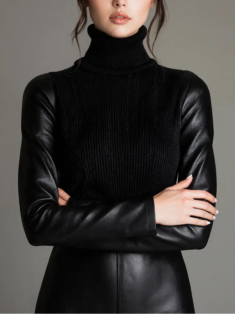 PU Leather Patchwork Knit High Neck Sweater for Women Slim Elegant Office Lady Turtleneck Pullover Knitted Tops Autumn