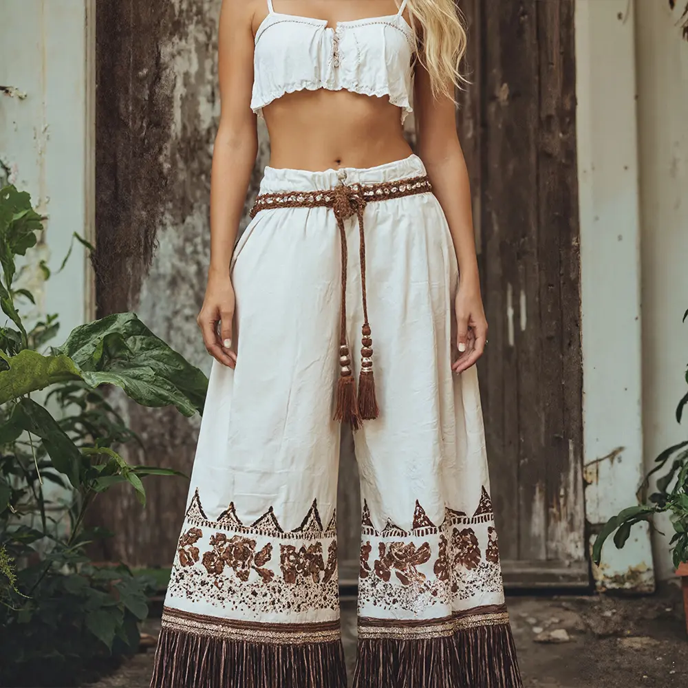 Women's Fringe Wide Leg Pant Elastic Waist Floral Printed Bohemian Casual Indie Folk Harajuku Loose Trousers Capris 2025