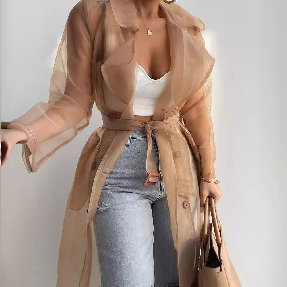 Women's Mesh Coat See Through Long Sleeve Lapel Collar Solid Casual Vintage Lace-up Jacket Outerwear Cover-up