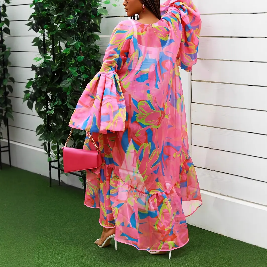 Elegant Irrrgular Hem Jacket Floral Printed Cardigans Flare Sleeve Thin Coat for Women Casual Vintage Plus Size Long Cover-up
