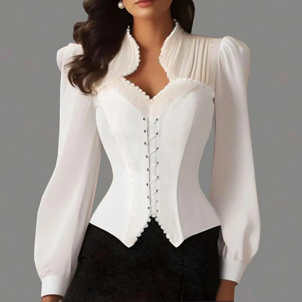Women's Corset Blouse Elegant Stand Collar Lace-Up Long Sleeve Puff Sleeve Office Lady Sweet Solid Blouse Shirt Tops for Autumn