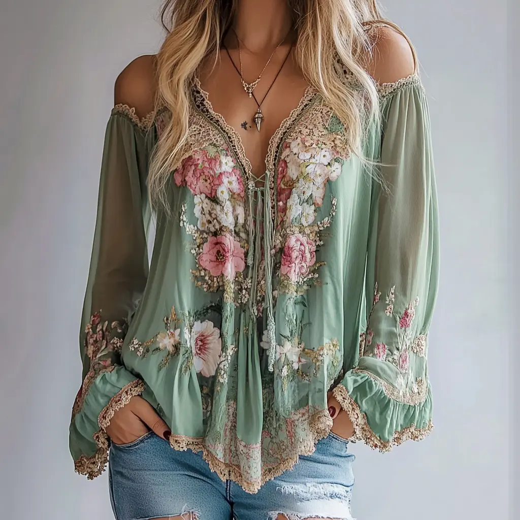 Women's Off the Shoulder Blouse Sexy V-neck Flare Sleeve Floral Printed Chiffon Mesh Irregular Lace Hem Long Sleeve Shirts 2025