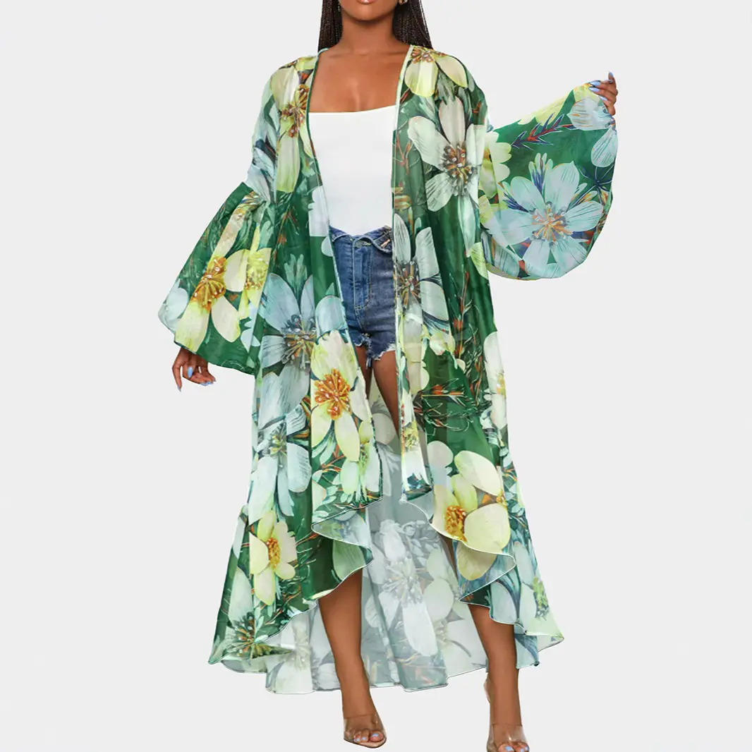 Elegant Irrrgular Hem Jacket Floral Printed Cardigans Flare Sleeve Thin Coat for Women Casual Vintage Plus Size Long Cover-up