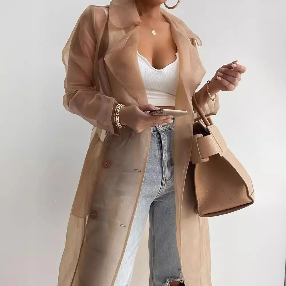 Women's Mesh Coat See Through Long Sleeve Lapel Collar Solid Casual Vintage Lace-up Jacket Outerwear Cover-up