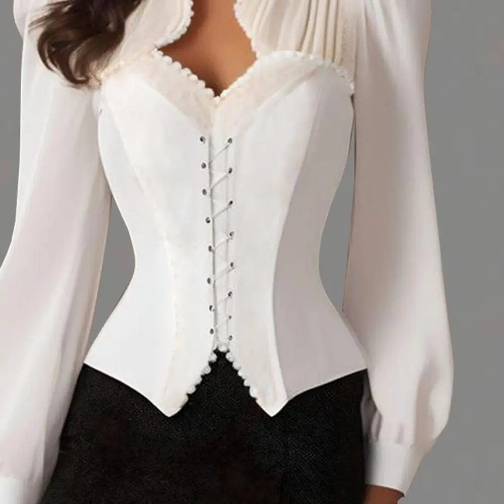 Women's Corset Blouse Elegant Stand Collar Lace-Up Long Sleeve Puff Sleeve Office Lady Sweet Solid Blouse Shirt Tops for Autumn