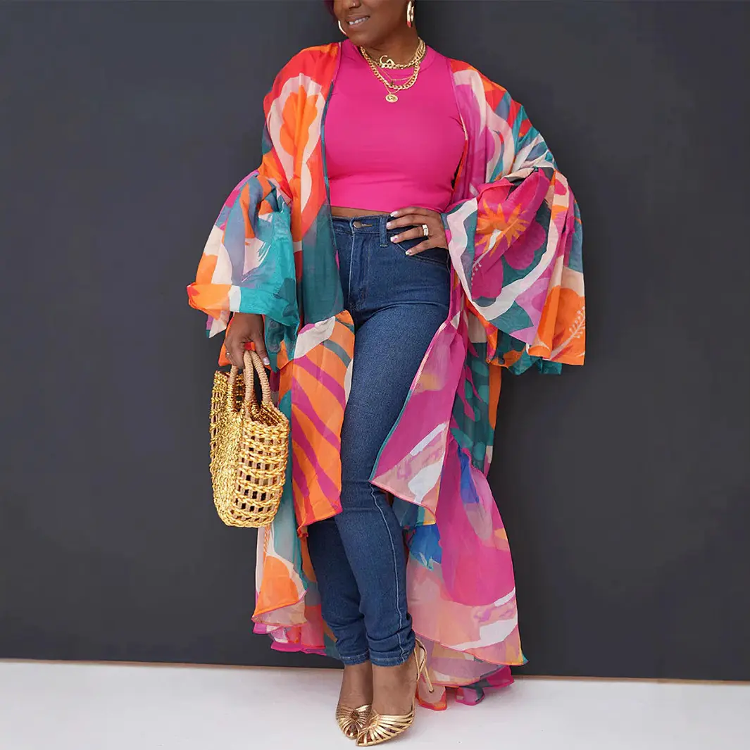 Elegant Irrrgular Hem Jacket Floral Printed Cardigans Flare Sleeve Thin Coat for Women Casual Vintage Plus Size Long Cover-up
