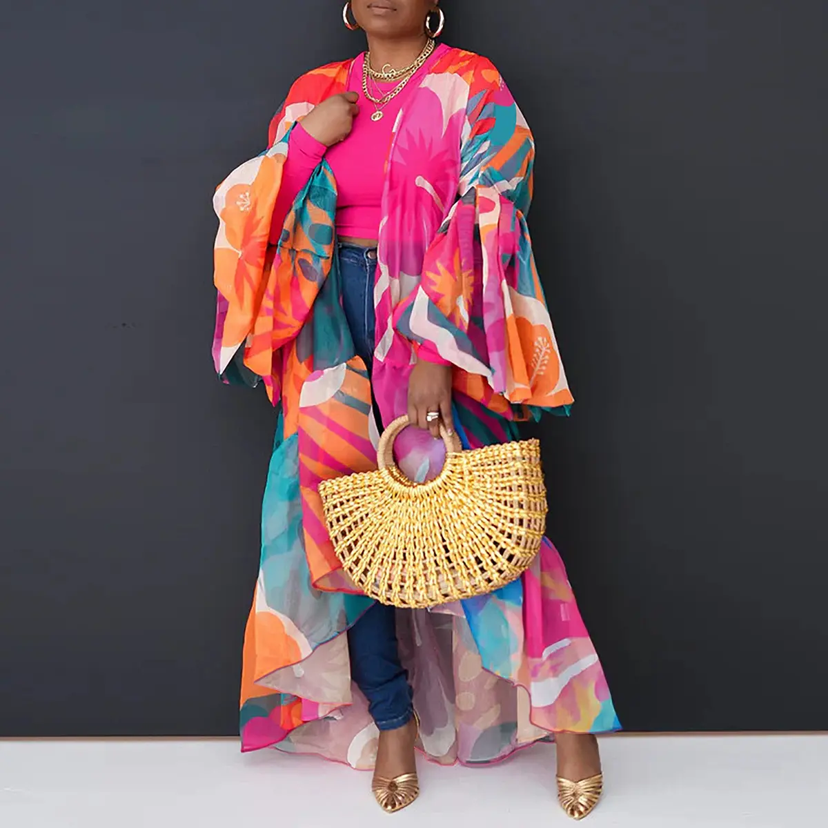 Elegant Irrrgular Hem Jacket Floral Printed Cardigans Flare Sleeve Thin Coat for Women Casual Vintage Plus Size Long Cover-up