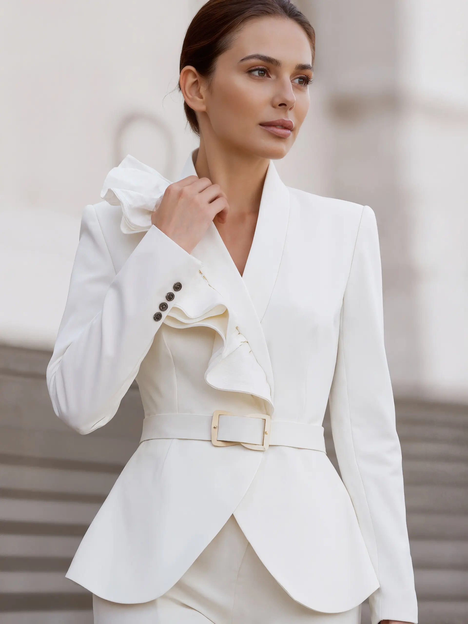 Women's Elegant Jacket 3D Decorate V-Neck Long Sleeve Office Lady Solid Slim Casual Blazer Coat Chic Outerwear with Belt