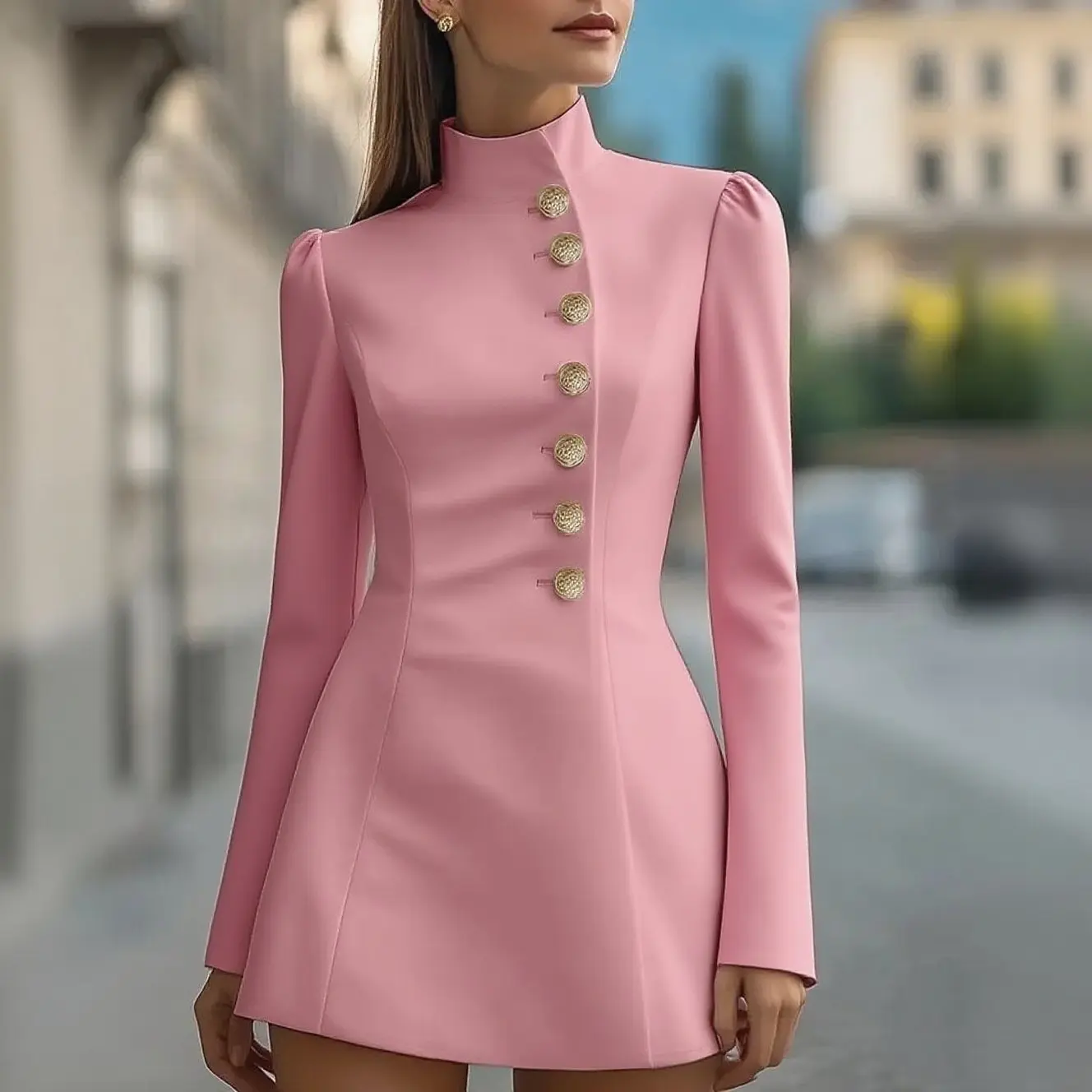 Single Button Stand Collar Long Sleeve Suit Dress Slim Fashion Office Lady Casual Elegant Solid White Autumn Mini Dresses 2025