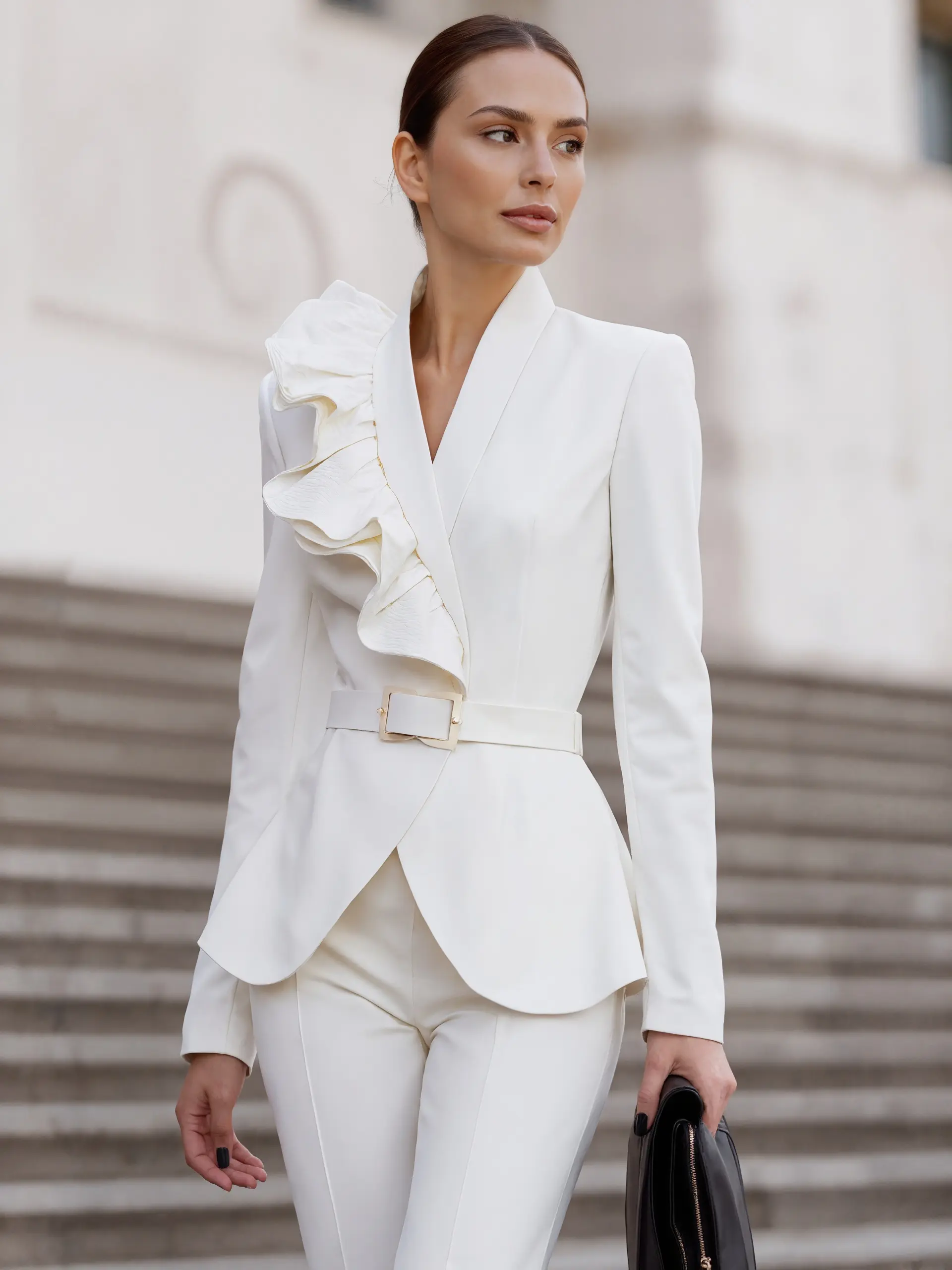 Women's Elegant Jacket 3D Decorate V-Neck Long Sleeve Office Lady Solid Slim Casual Blazer Coat Chic Outerwear with Belt