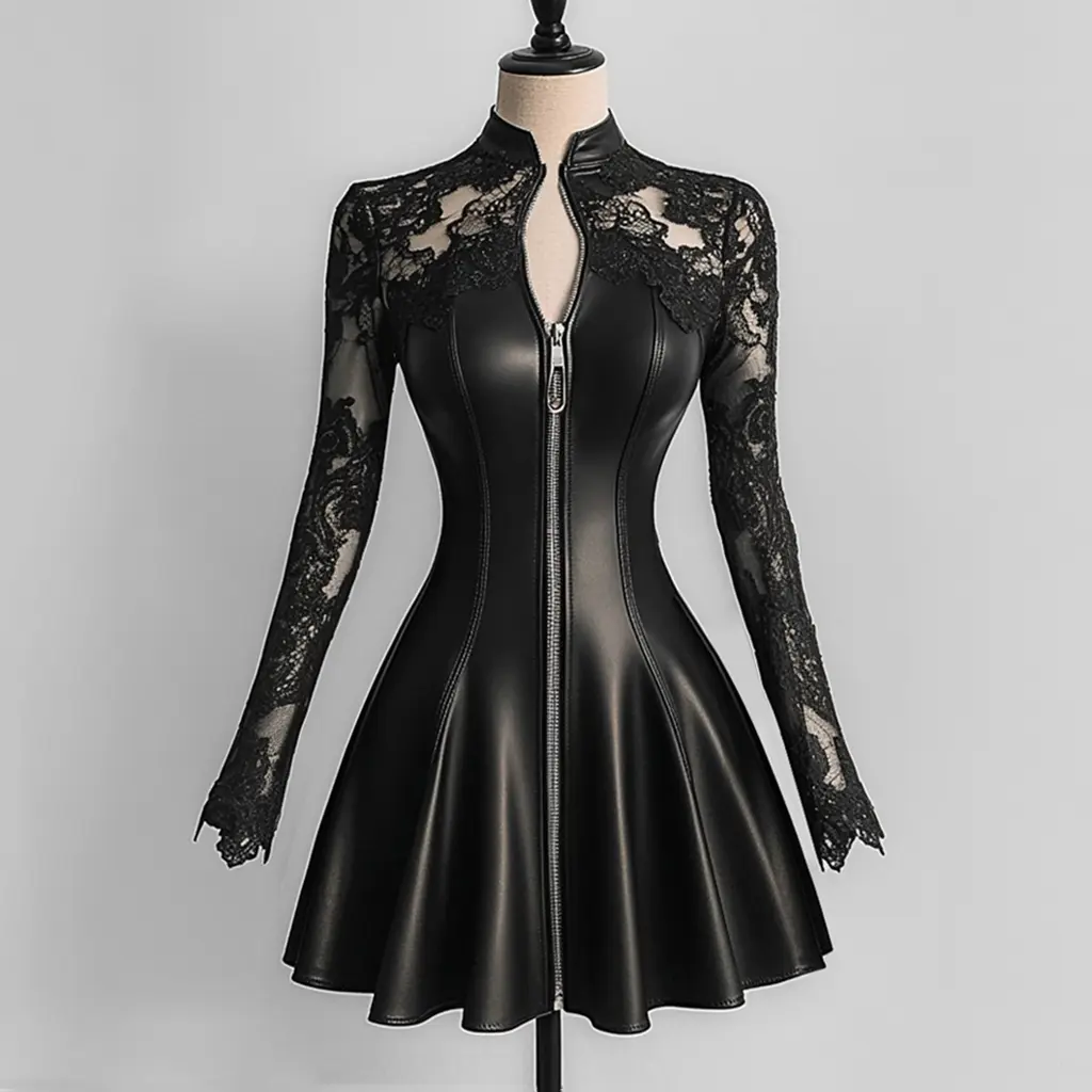 Women's Pleated A-line Dress PU Leather Lace Patchwork Long Sleeve Zipper Mini Dress High Street Casual Elegant Y2K Chic Dress