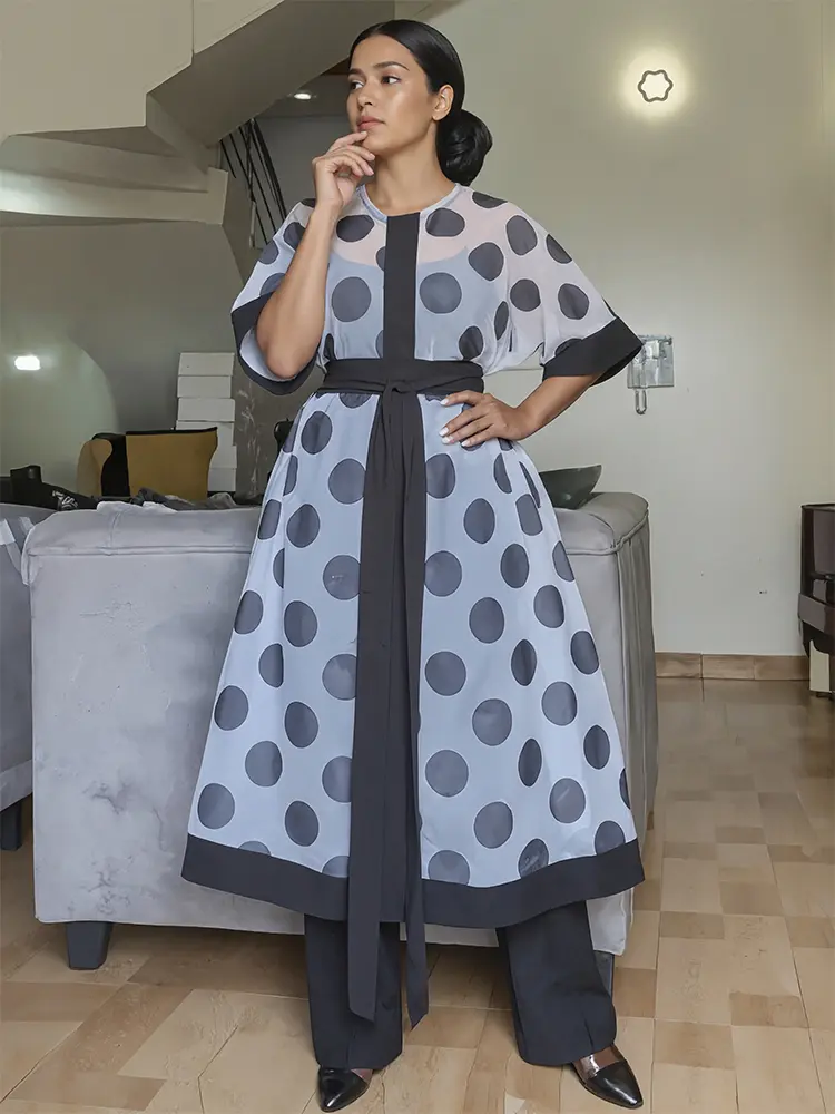 Women Plus size Dress Polka Dot Print See-through Pachwork Lace-up Cover-up Dress Casual High Street Mesh Round Neck Dresses