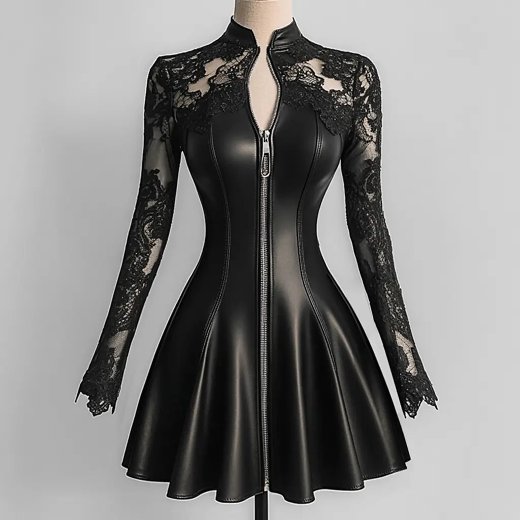 Women's Pleated A-line Dress PU Leather Lace Patchwork Long Sleeve Zipper Mini Dress High Street Casual Elegant Y2K Chic Dress