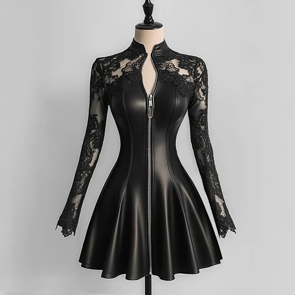 Women's Pleated A-line Dress PU Leather Lace Patchwork Long Sleeve Zipper Mini Dress High Street Casual Elegant Y2K Chic Dress