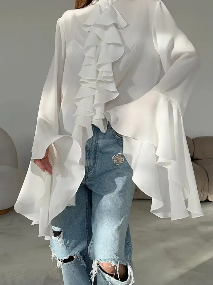 Women Ruffle Chiffon Hem Blouse Shirt Long Sleeve Solid Elegant Chic Ethnic Sweet Casual Retro Blouse Shirt Tops for Women