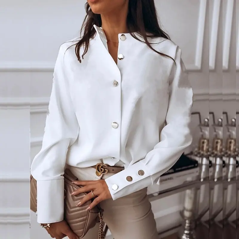 Elegant Stand Collar Button Up Long Sleeve Blouse for Women High Street Chic Ethnic Fashion Single Breasted Shirt Tops Autumn