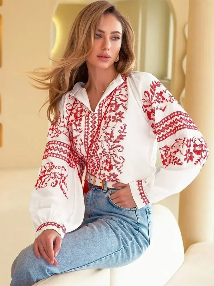 Women Chic Ethnic Blouse Shirt Puff Sleeve Lace-up Floral Porinted Autumn Elegant Boho Vintage Long Sleeve Shirts Blouse Tops