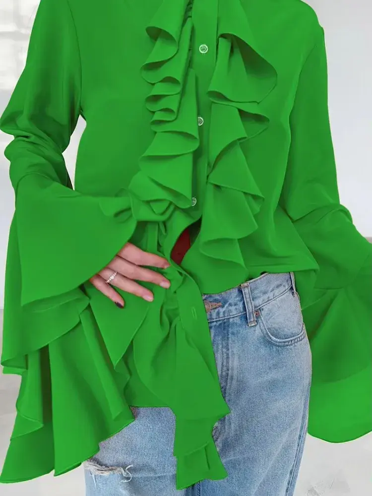 Women Ruffle Chiffon Hem Blouse Shirt Long Sleeve Solid Elegant Chic Ethnic Sweet Casual Retro Blouse Shirt Tops for Women