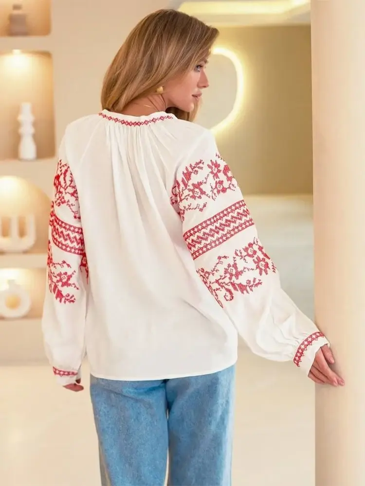 Women Chic Ethnic Blouse Shirt Puff Sleeve Lace-up Floral Porinted Autumn Elegant Boho Vintage Long Sleeve Shirts Blouse Tops
