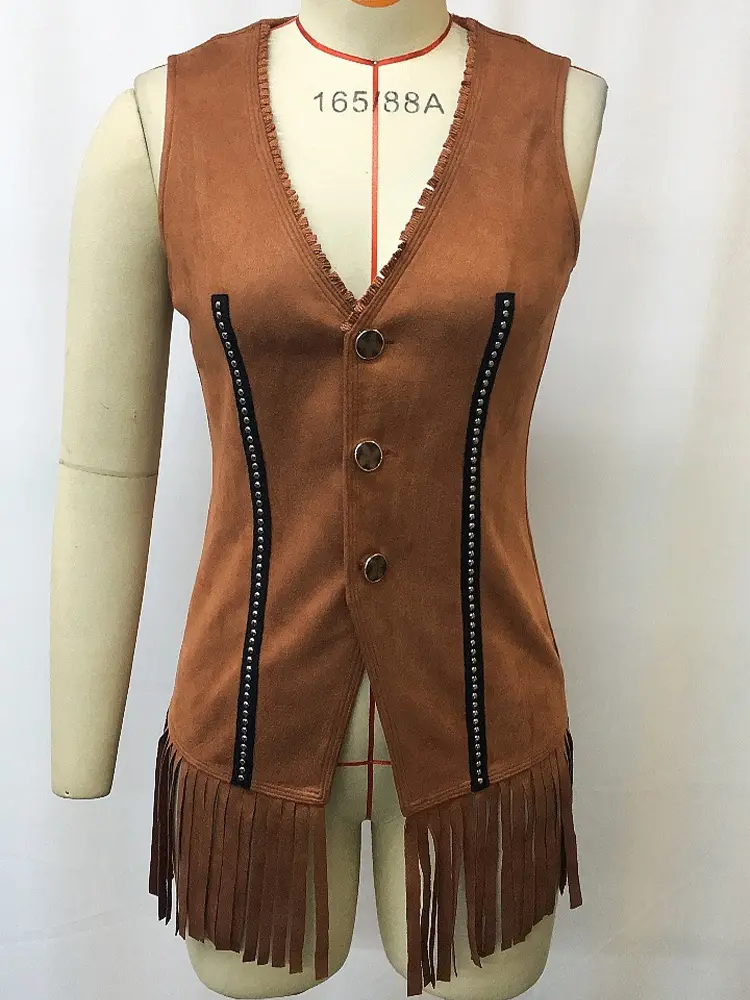 Women Fringe Tank Top Single Breasted Sleeveless V-Neck Slim Tassel Hem Vintage Western Cowboy Chic Ethnic Tank Top for Summer