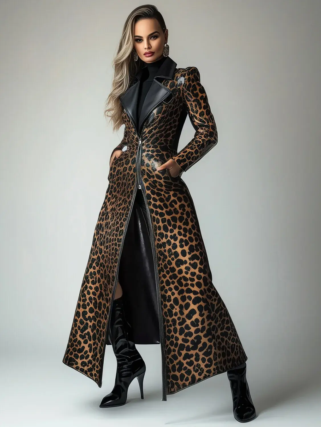 Women PU Leather Leopard Pattern Zipper Pocket Trench Coat High Street Luxury Long Sleeve Vintage Long Coat Autumn Winter