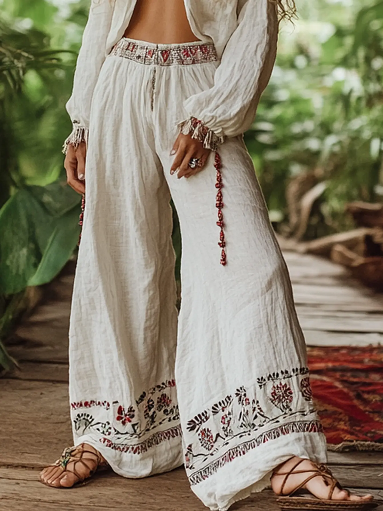 Women's Bohemia Wide Leg Pant Casual Chic Ethnic Elastic High Waist Harajuku Loose Soft Trousers Summer Casual Female Pants