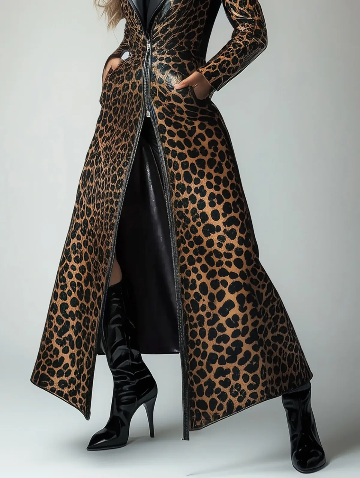 Women PU Leather Leopard Pattern Zipper Pocket Trench Coat High Street Luxury Long Sleeve Vintage Long Coat Autumn Winter