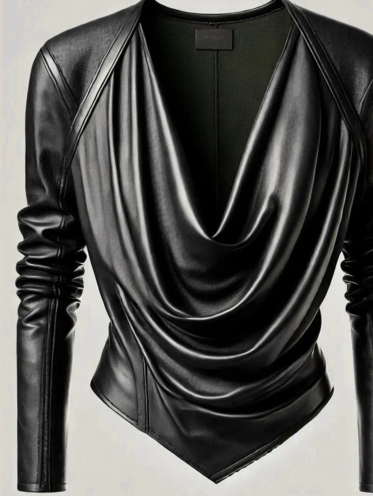 Women Novelty Tops Cowl V Neck PU Leather Long Sleeve Blouse Cinched Irregular Hem Ruched Leather T Shirt High Street T shirts