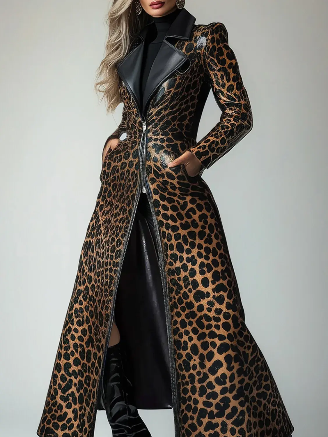 Women PU Leather Leopard Pattern Zipper Pocket Trench Coat High Street Luxury Long Sleeve Vintage Long Coat Autumn Winter
