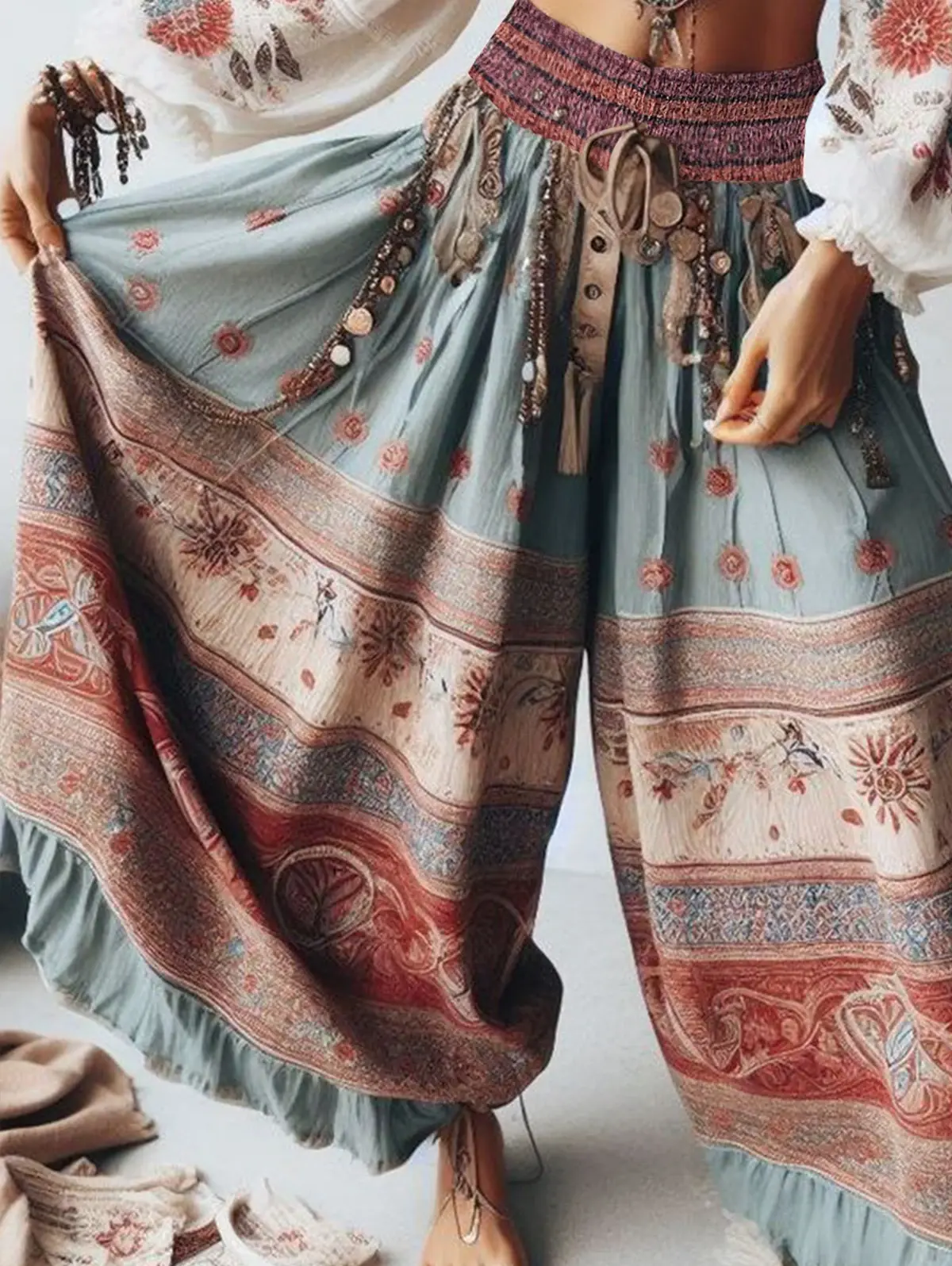 Women Harajuku Thin Casual Pants Vintage Ethnic Style Floral Wide Leg Ruffle Pants Loose Elastic Waist Ankle Length Trousers