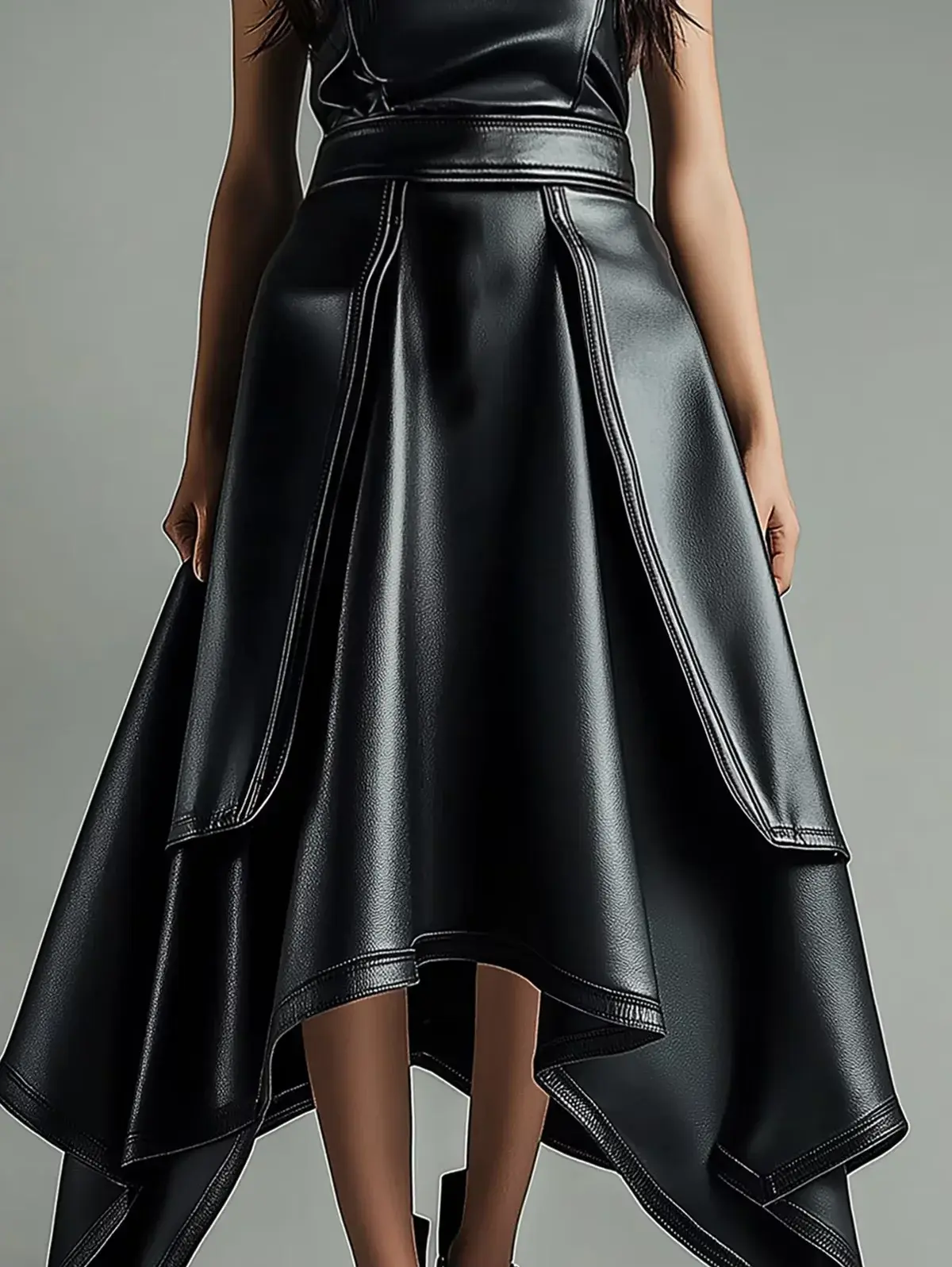 Women's PU Leather Long Maxi Skirt Elegant Office Lady Layered Irregular Hem High Waist Pleated A-Line Leather Skirts 2025