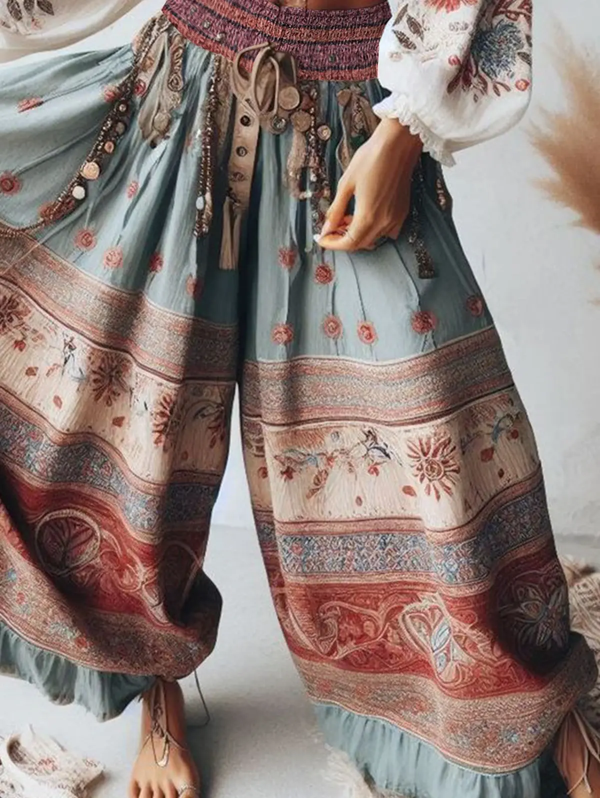 Women Harajuku Thin Casual Pants Vintage Ethnic Style Floral Wide Leg Ruffle Pants Loose Elastic Waist Ankle Length Trousers