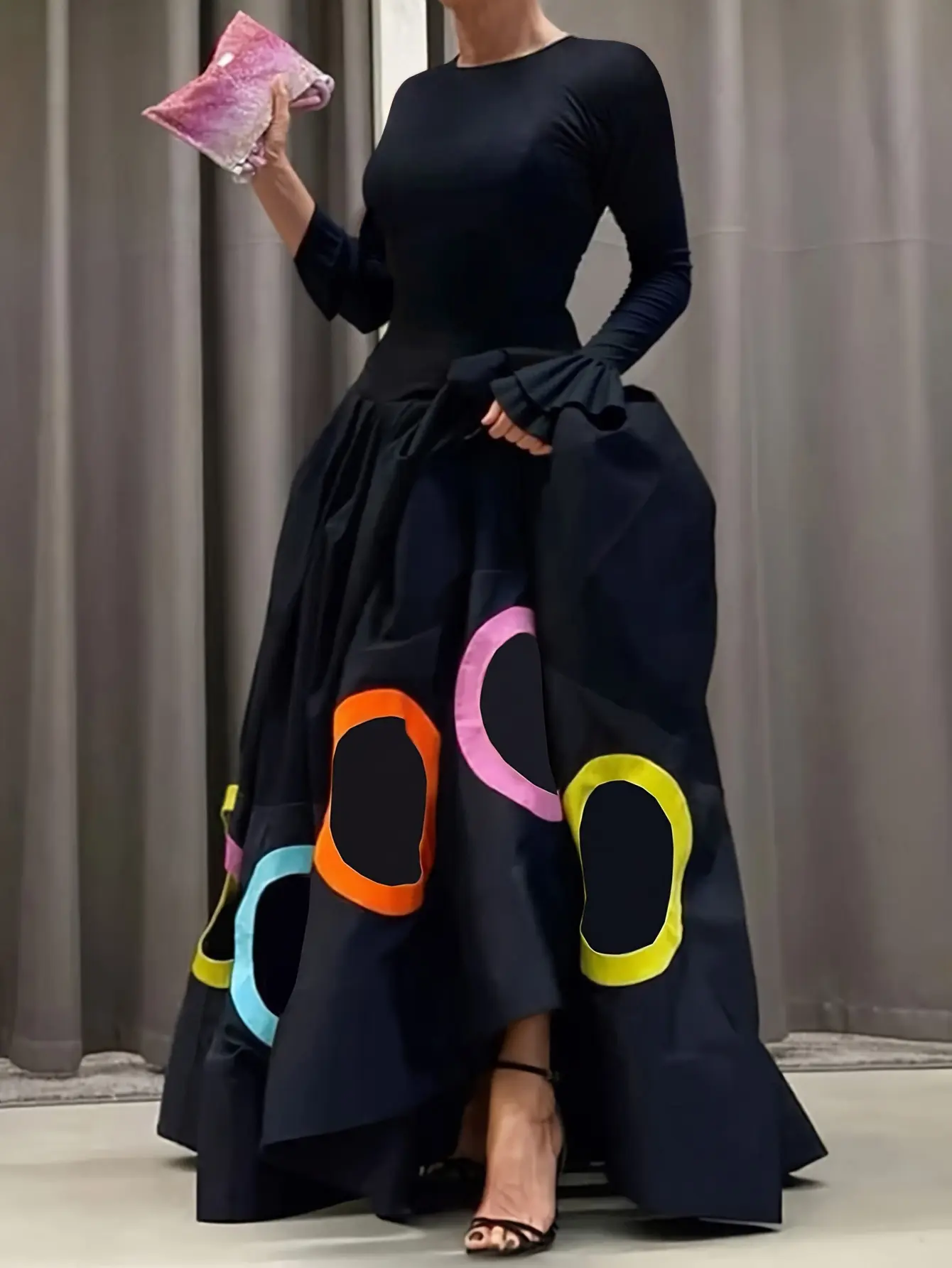 Elegant Circle Printed Dress Long Sleeve Round Neck Knitted Pleated A-Line Autumn Spring Casual Vintage Flare Sleeve Dresses