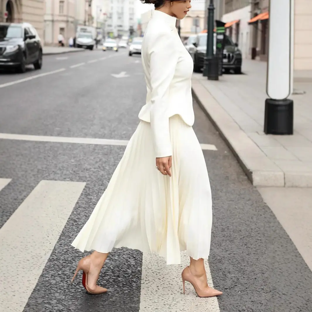 Women Elegant Stand Collar Pleated Skirt Two Piece Set Long Sleeve Vintage Office Lady High Waist Skirt Matching Set Autumn 2025