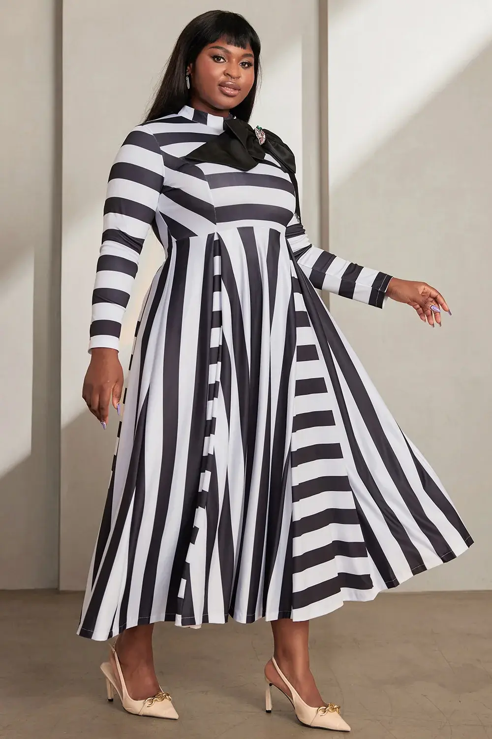 Women's Plus Size Semi Formal Dresses Elegant Casual Striped Winter Mock Neck Long Sleeve Bow Tie A-Line Pleated Dresses 2024