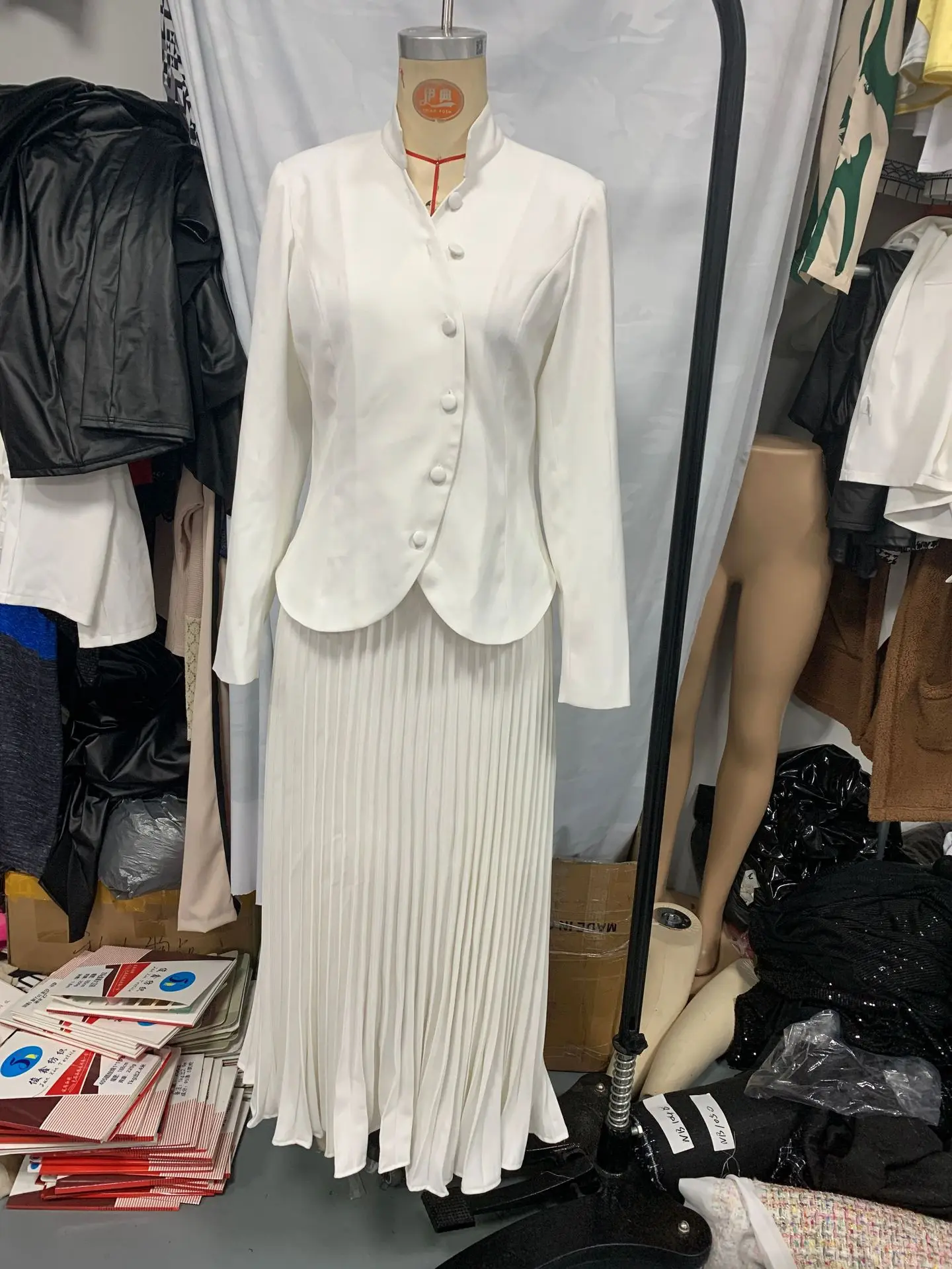Women Elegant Stand Collar Pleated Skirt Two Piece Set Long Sleeve Vintage Office Lady High Waist Skirt Matching Set Autumn 2025