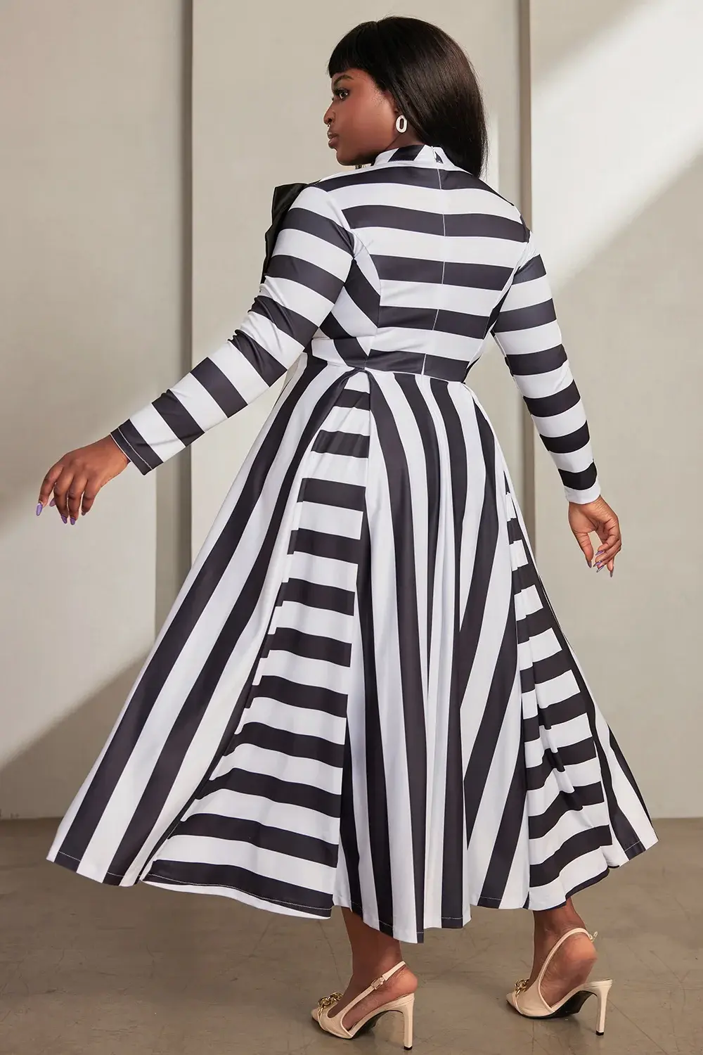 Women's Plus Size Semi Formal Dresses Elegant Casual Striped Winter Mock Neck Long Sleeve Bow Tie A-Line Pleated Dresses 2024