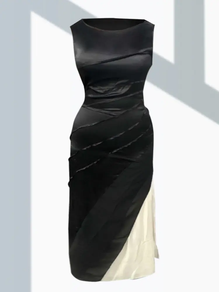Women Satin Patchwork Long Dress Sleeveless Wedding Guest Cocktail Slim Round Neck Swwet Gradient Party Club Summer Dress