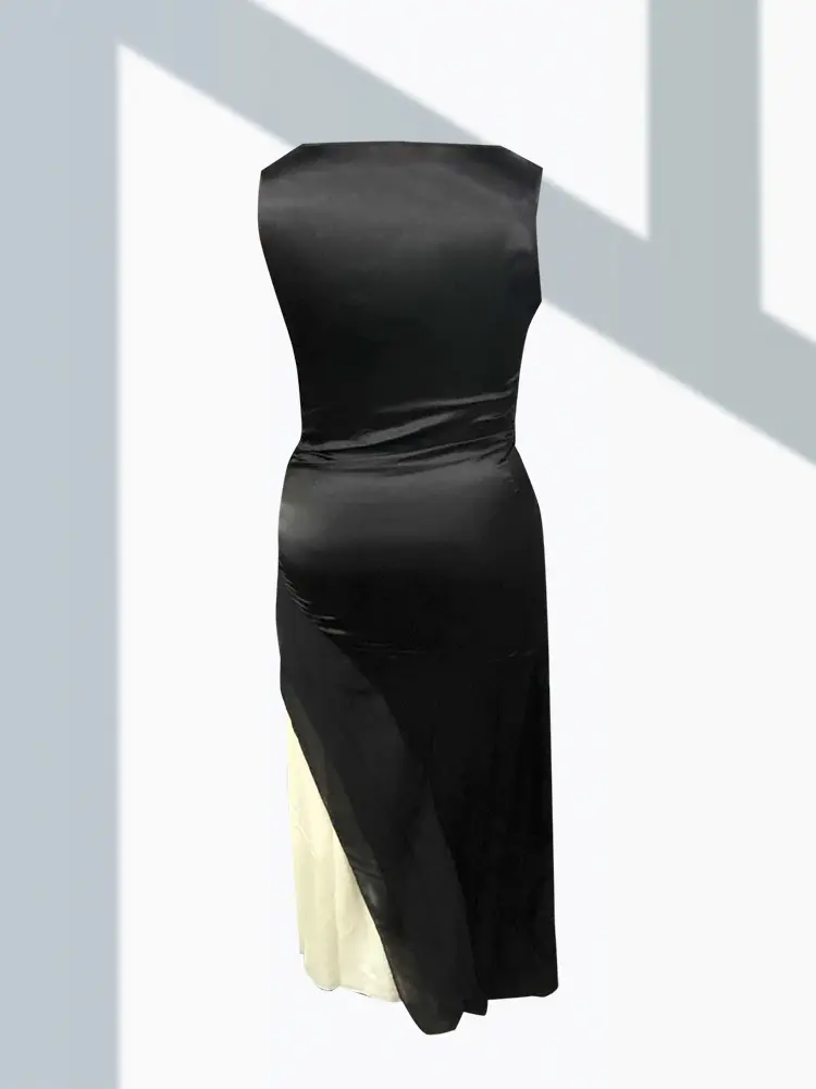Women Satin Patchwork Long Dress Sleeveless Wedding Guest Cocktail Slim Round Neck Swwet Gradient Party Club Summer Dress