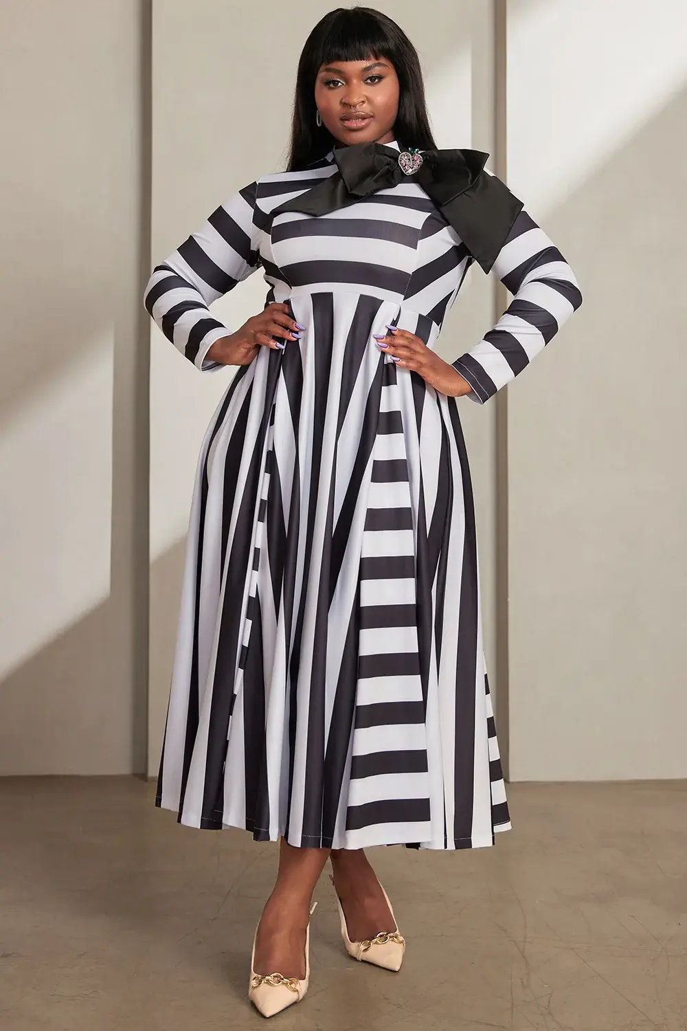 Women's Plus Size Semi Formal Dresses Elegant Casual Striped Winter Mock Neck Long Sleeve Bow Tie A-Line Pleated Dresses 2024