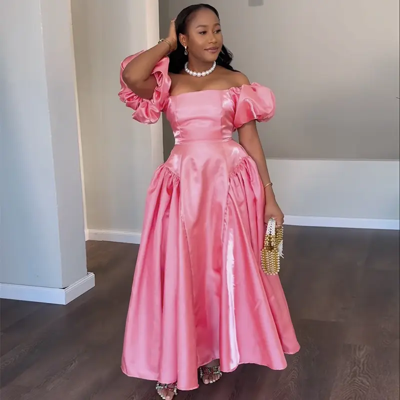 Women Puff Sleeve Off the Shoulder Dress Pink Solid Pleated A-line Satin Elegant Party Wedding Guest Evening Sweet Dresses