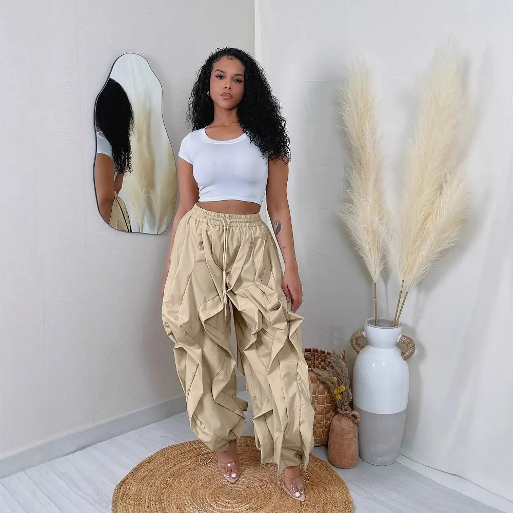 Women Casual Drawstring Cargo Pant Rffule Irregular High Waist Streetwear Vintage Jogger Pants Bloomers Trousers 2025
