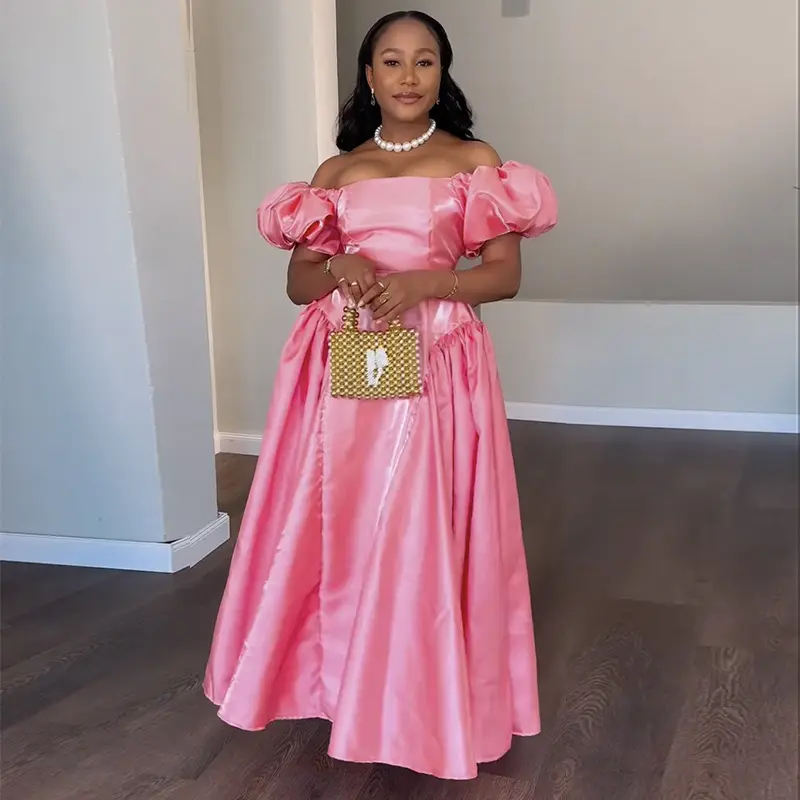 Women Puff Sleeve Off the Shoulder Dress Pink Solid Pleated A-line Satin Elegant Party Wedding Guest Evening Sweet Dresses