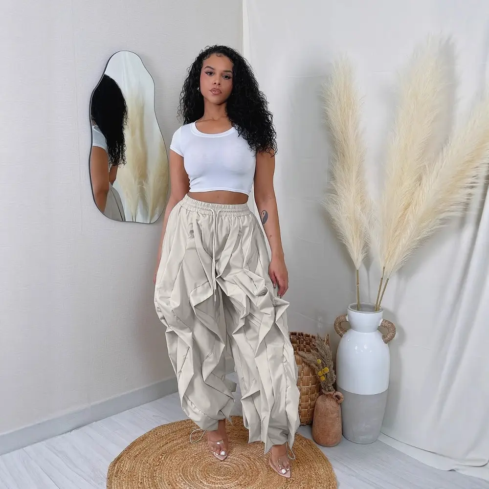 Women Casual Drawstring Cargo Pant Rffule Irregular High Waist Streetwear Vintage Jogger Pants Bloomers Trousers 2025