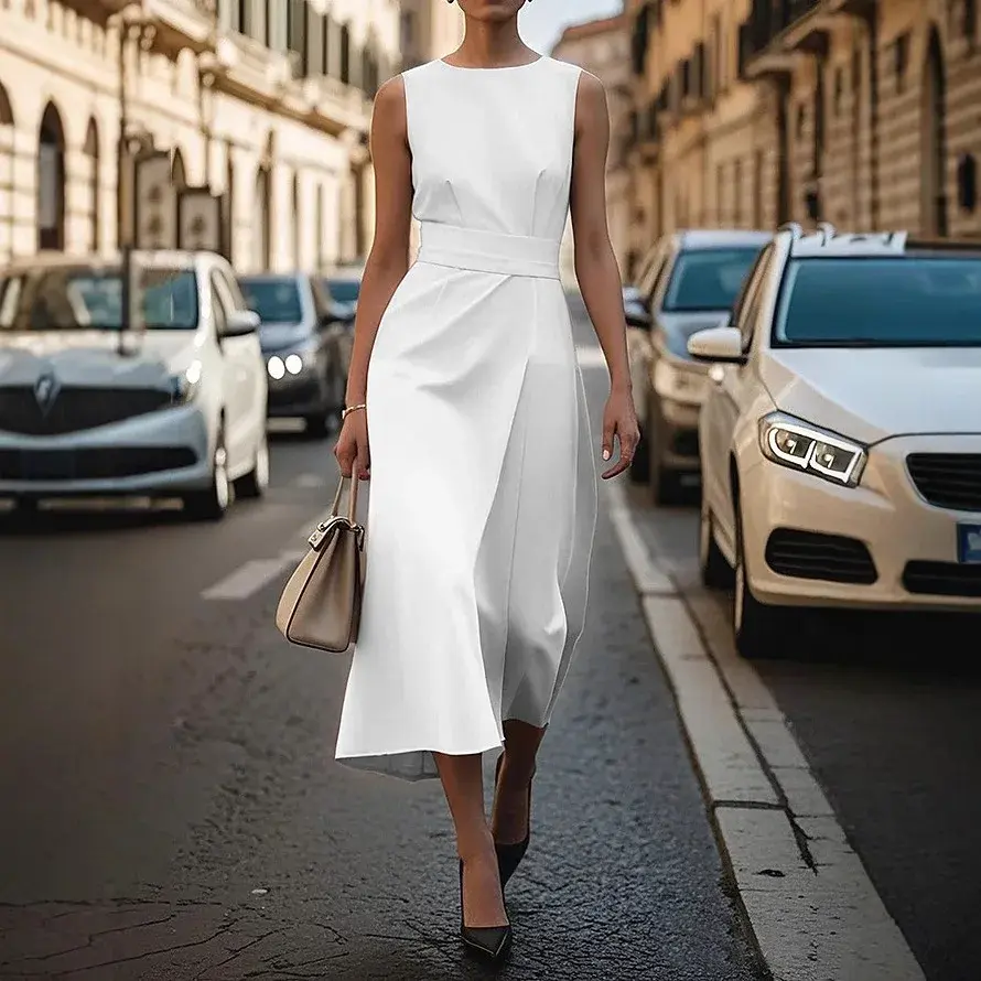 Elegant Office Lady Solid Minimalist Tank Dress for Women Ruched High Waist Round Neck Sleeveless Casual Midi Dresses 2025