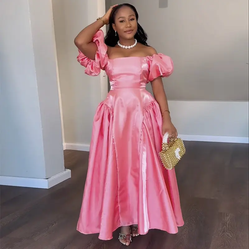 Women Puff Sleeve Off the Shoulder Dress Pink Solid Pleated A-line Satin Elegant Party Wedding Guest Evening Sweet Dresses
