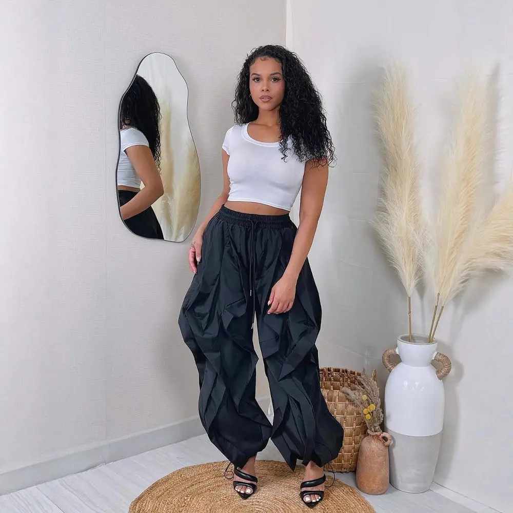 Women Casual Drawstring Cargo Pant Rffule Irregular High Waist Streetwear Vintage Jogger Pants Bloomers Trousers 2025