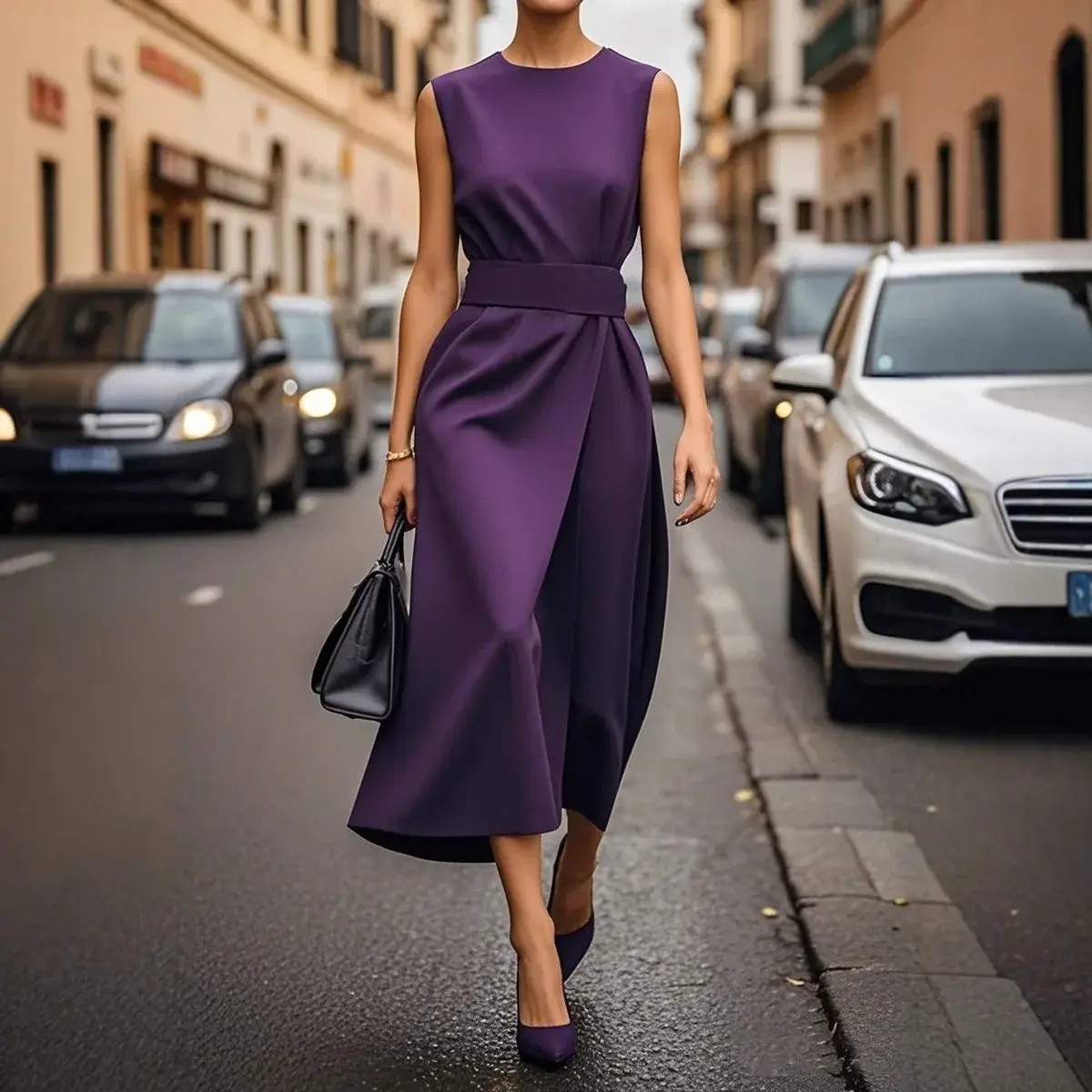 Elegant Office Lady Solid Minimalist Tank Dress for Women Ruched High Waist Round Neck Sleeveless Casual Midi Dresses 2025