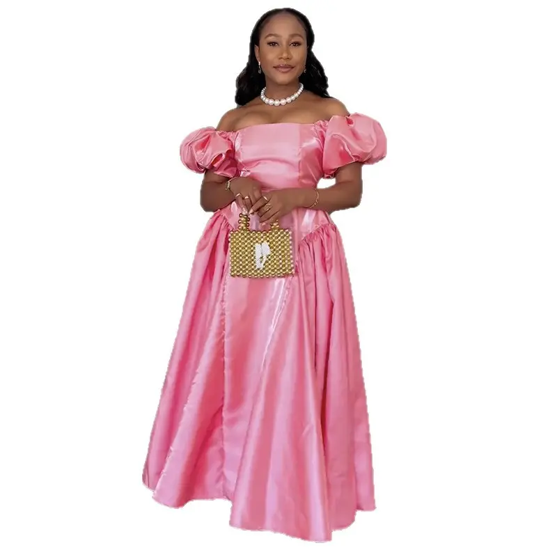 Women Puff Sleeve Off the Shoulder Dress Pink Solid Pleated A-line Satin Elegant Party Wedding Guest Evening Sweet Dresses