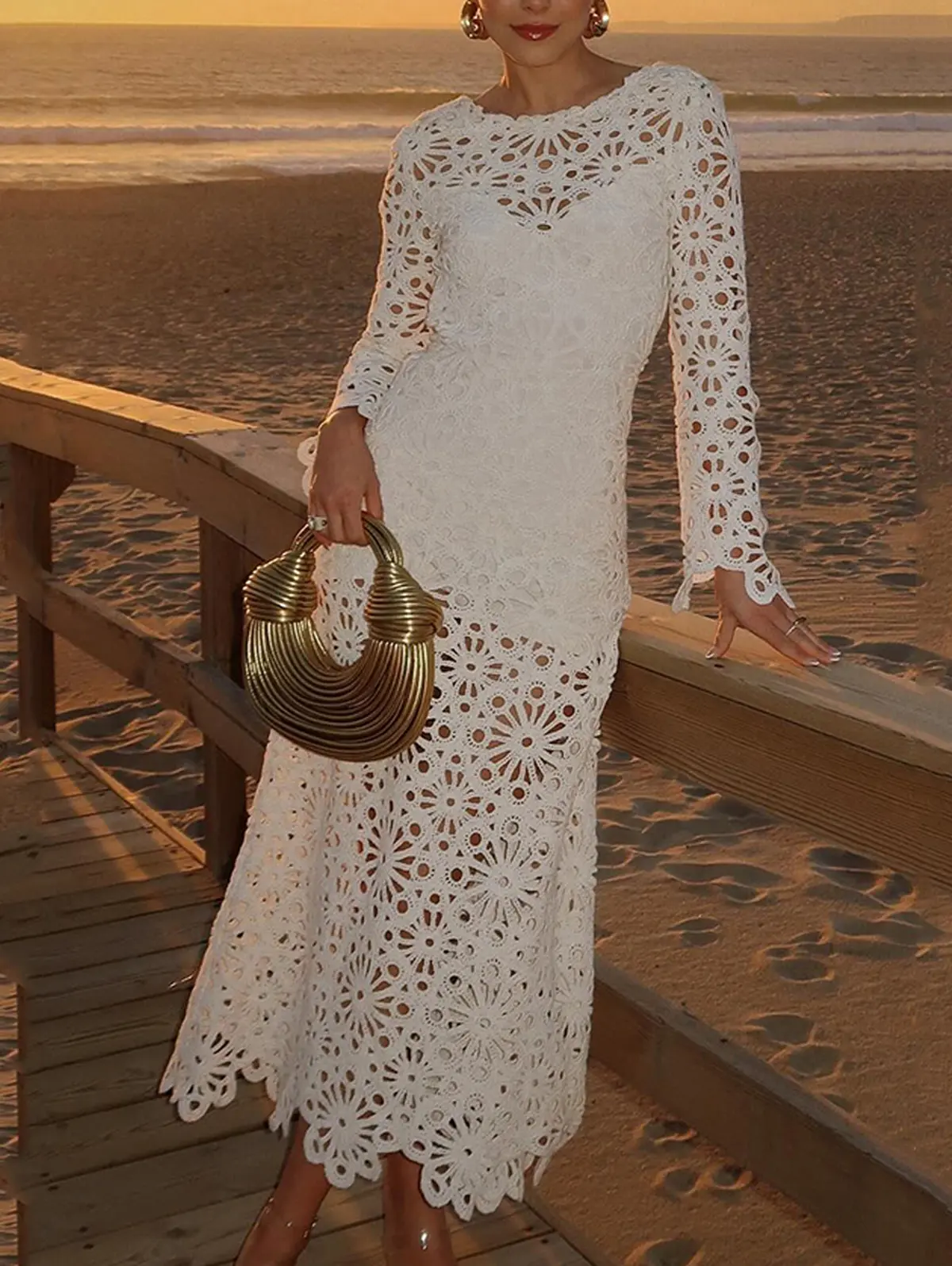 Women Party Dress Elegant Crew Neck Lace See-through Hollow Out Long Sleeve Vintage Casual Wedding Guest Fashion Maxi Dress 2025